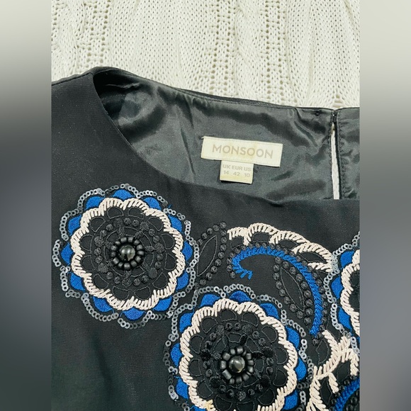 Monsoon Black Embroidered Above Knee Dress Sheer Sleeves Size 10 - Picture 13 of 13
